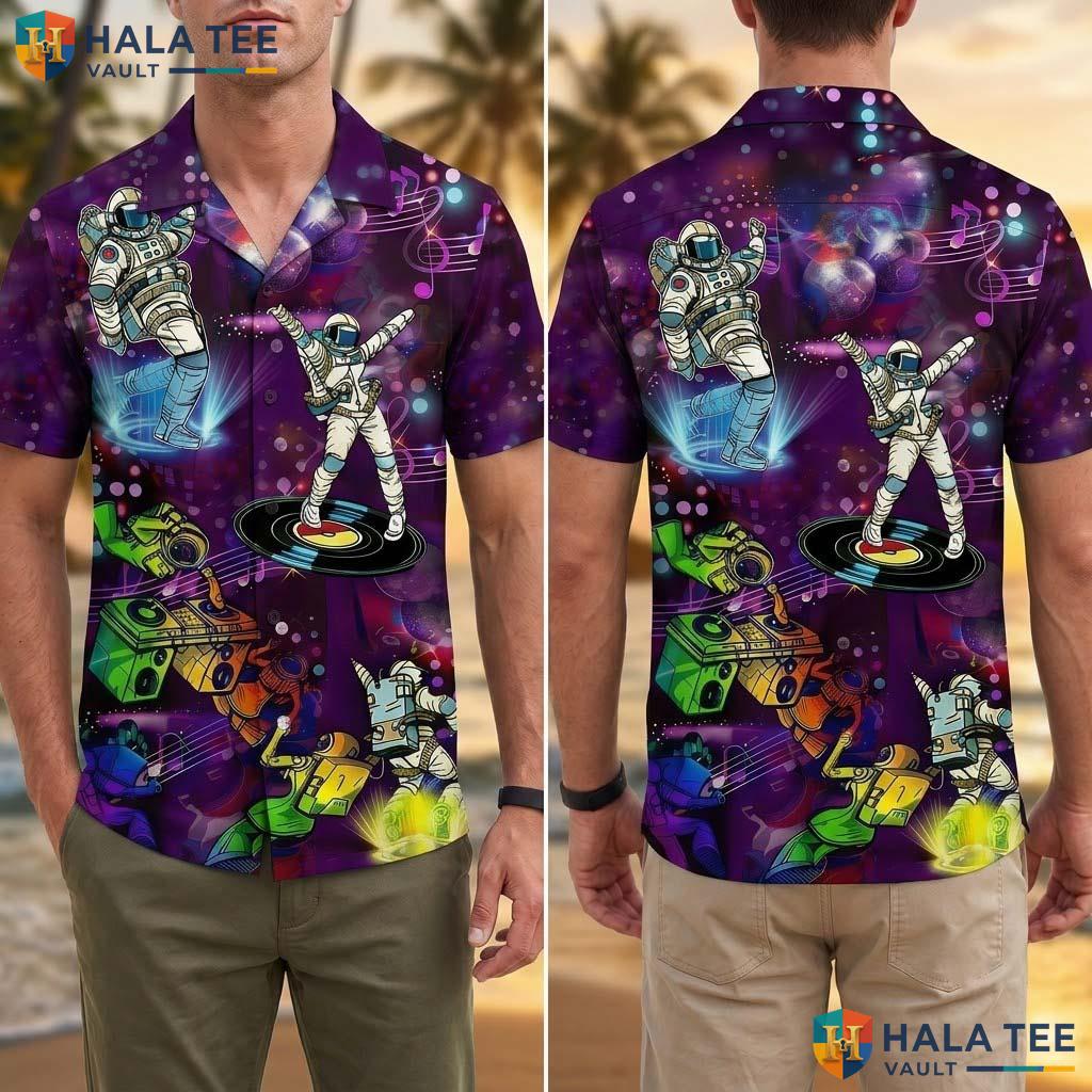 Whimsical Astronaut Dance Tropical Shirt Colorful Music Note Casual Button