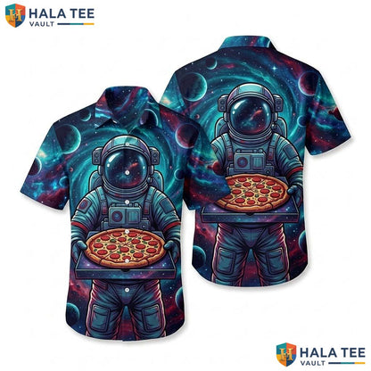 Whimsical Astronaut Pizza Hawaiian Shirt Vibrant Graphic Casual Summer Beachwear