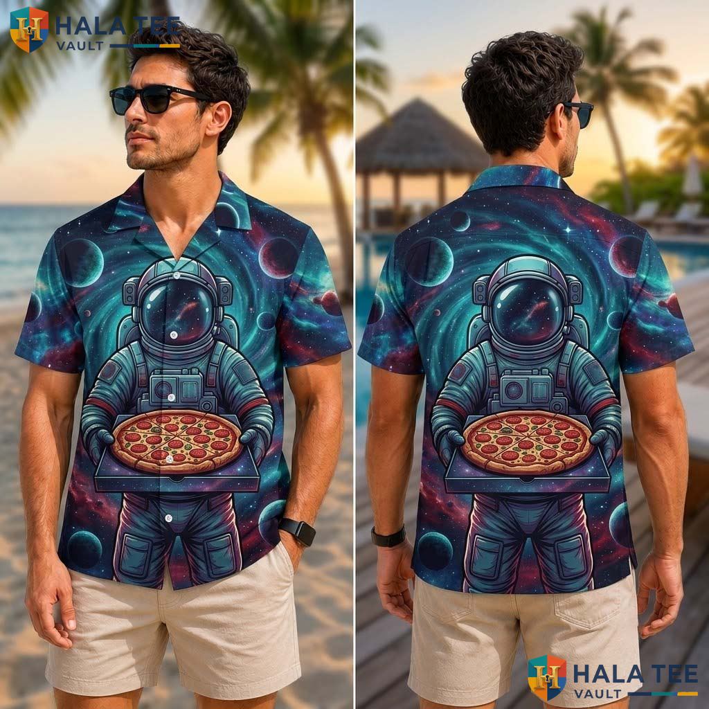 Whimsical Astronaut Pizza Tropical Shirt Vibrant Graphic Casual Summer Beachwear