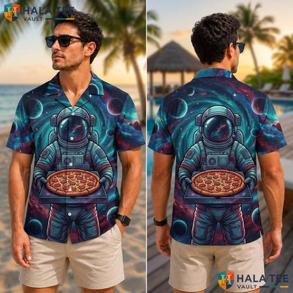 Whimsical Astronaut Pizza Tropical Shirt Vibrant Graphic Casual Summer Beachwear
