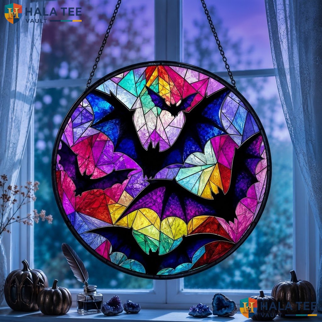 Whimsical Bat Halloween Stained Glass Suncatcher Colorful Window Bat Lover