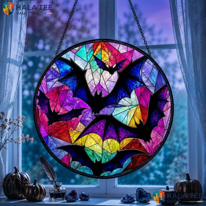 Whimsical Bat Halloween Stained Glass Suncatcher Colorful Window Bat Lover