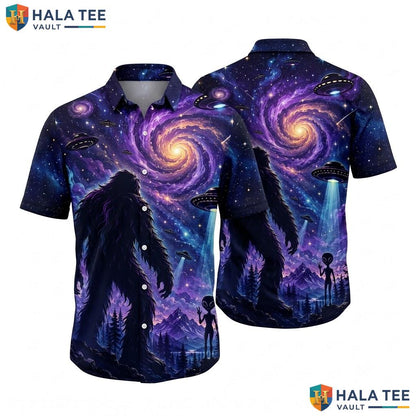 Whimsical Bigfoot Hawaiian Shirt Cosmic Ufo Quirky Casual Summer Apparel
