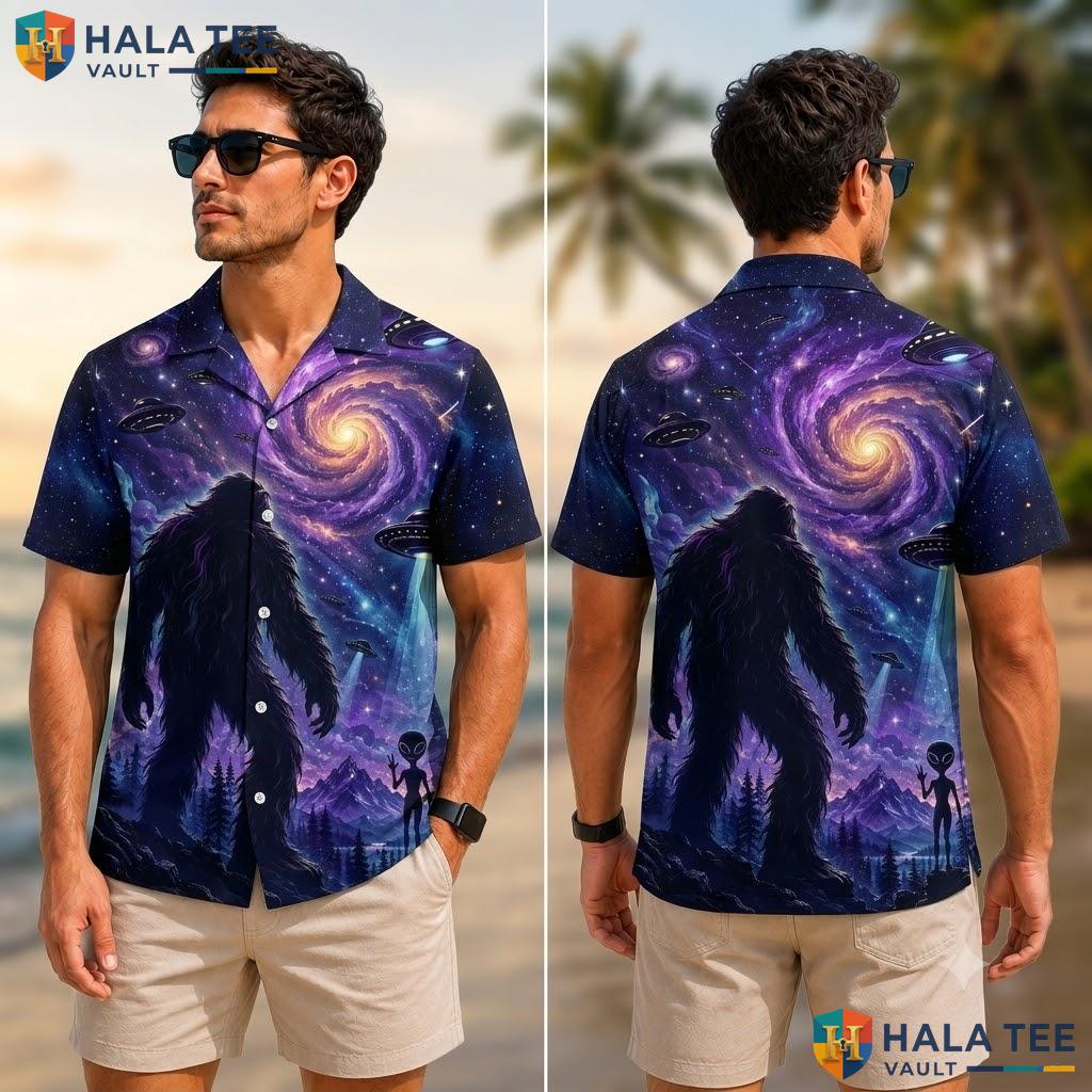 Whimsical Bigfoot Hawaiian Shirt Cosmic Ufo Quirky Casual Summer Apparel Adult