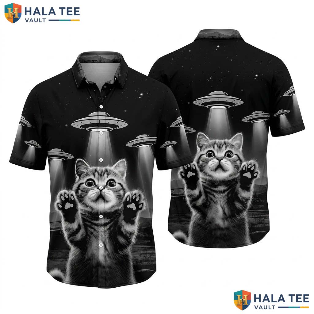 Whimsical Cat Alien Hawaiian Shirt Quirky Novelty Ufo Playful Button Down