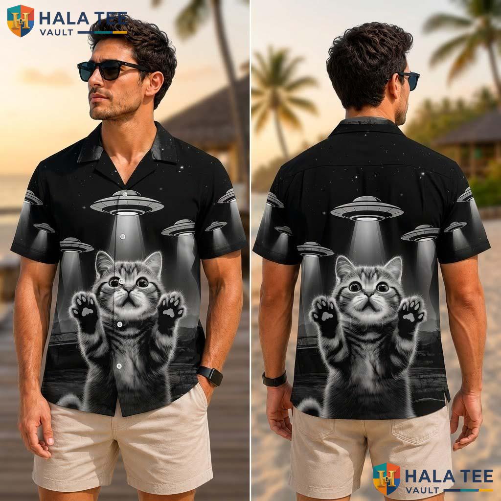 Whimsical Cat Alien Tropical Shirt Quirky Novelty Ufo Playful Button Down