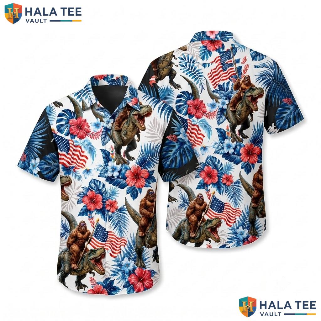 Whimsical Cat Bigfoot Hawaiian Shirt Funny Dinosaur Festival Button Down