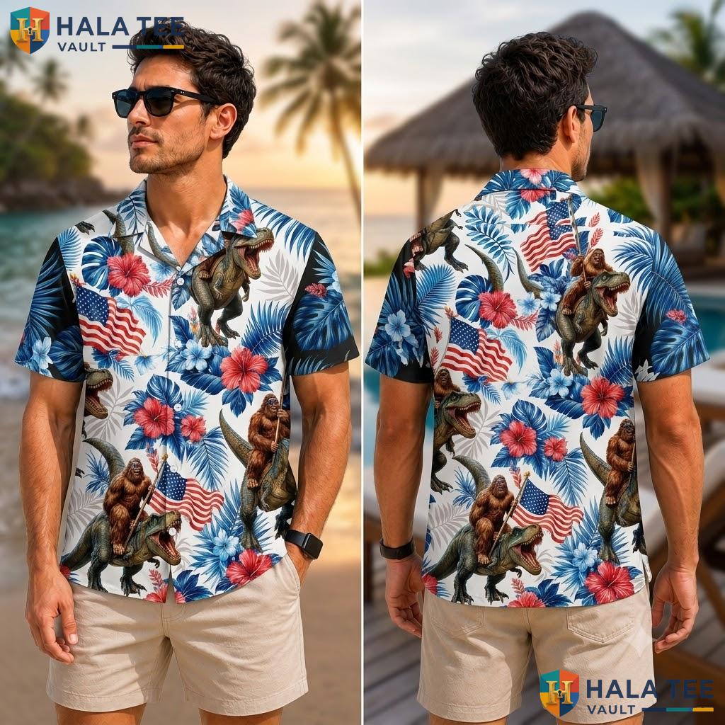 Whimsical Cat Bigfoot Hawaiian Shirt Funny Dinosaur Festival Button Down Adult