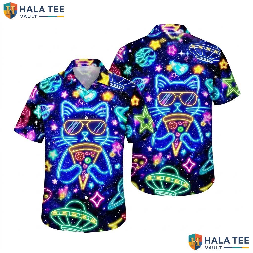 Whimsical Cat Pizza Hawaiian Shirt Vibrant Cosmic Graphic Short Sleeve Top