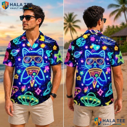Whimsical Cat Pizza Tropical Shirt Vibrant Cosmic Graphic Short Sleeve Top
