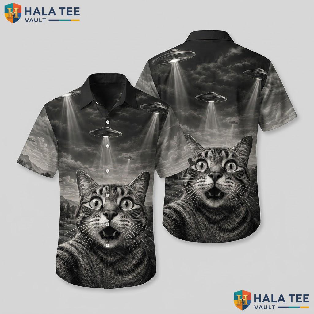 Whimsical Cat UFO Hawaiian Shirt Tropical Paradise Mens Cruise Button Down