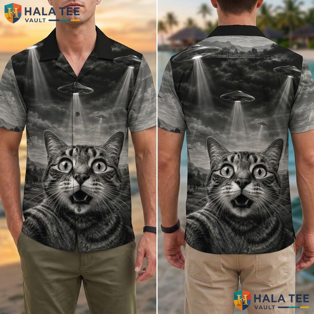 Whimsical Cat UFO Hawaiian Shirt Tropical Paradise Mens Cruise Button Down Adult