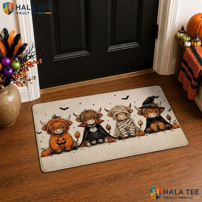Whimsical Cow Fall Front door mat Highland Costume Playful Welcome Entrance Rug