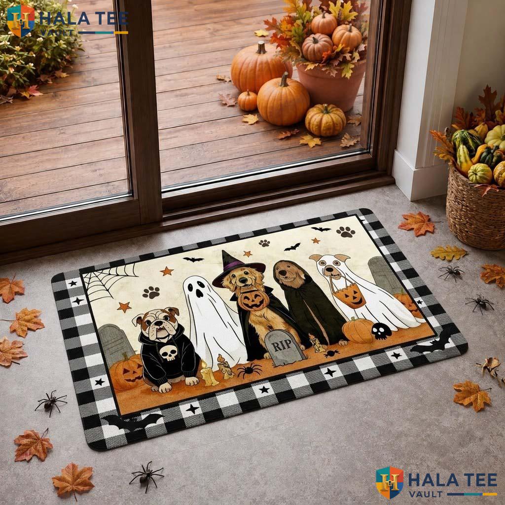 Whimsical Dog Ghost Doormat Playful Pup Pumpkin Porch Welcome Fall Decor