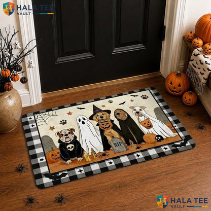 Whimsical Dog Ghost Front door mat Playful Pup Pumpkin Porch Welcome Fall Decor