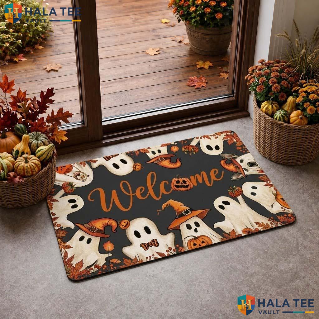 Whimsical Ghost Fall Doormat Cute Pumpkin Autumn Leaf Welcome Entry Rug