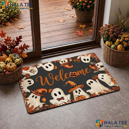 Whimsical Ghost Fall Doormat Cute Pumpkin Autumn Leaf Welcome Entry Rug