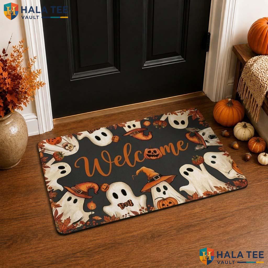 Whimsical Ghost Fall Front door mat Cute Pumpkin Autumn Leaf Welcome Entry Rug