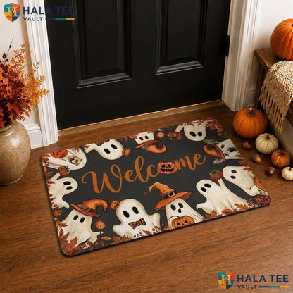 Whimsical Ghost Fall Front door mat Cute Pumpkin Autumn Leaf Welcome Entry Rug