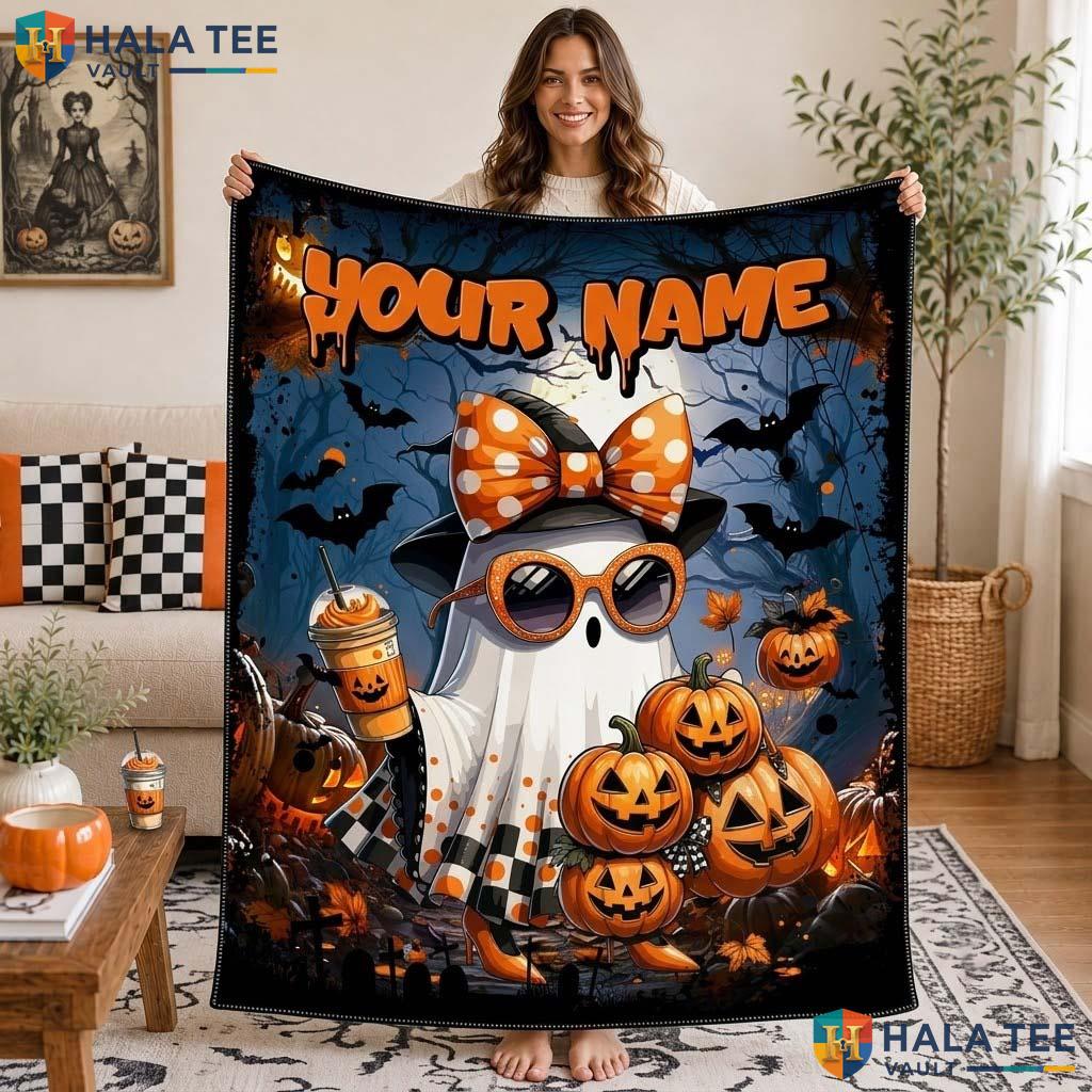 Whimsical Ghost Halloween Blanket Custom Name Pumpkin Kids Teen Throw