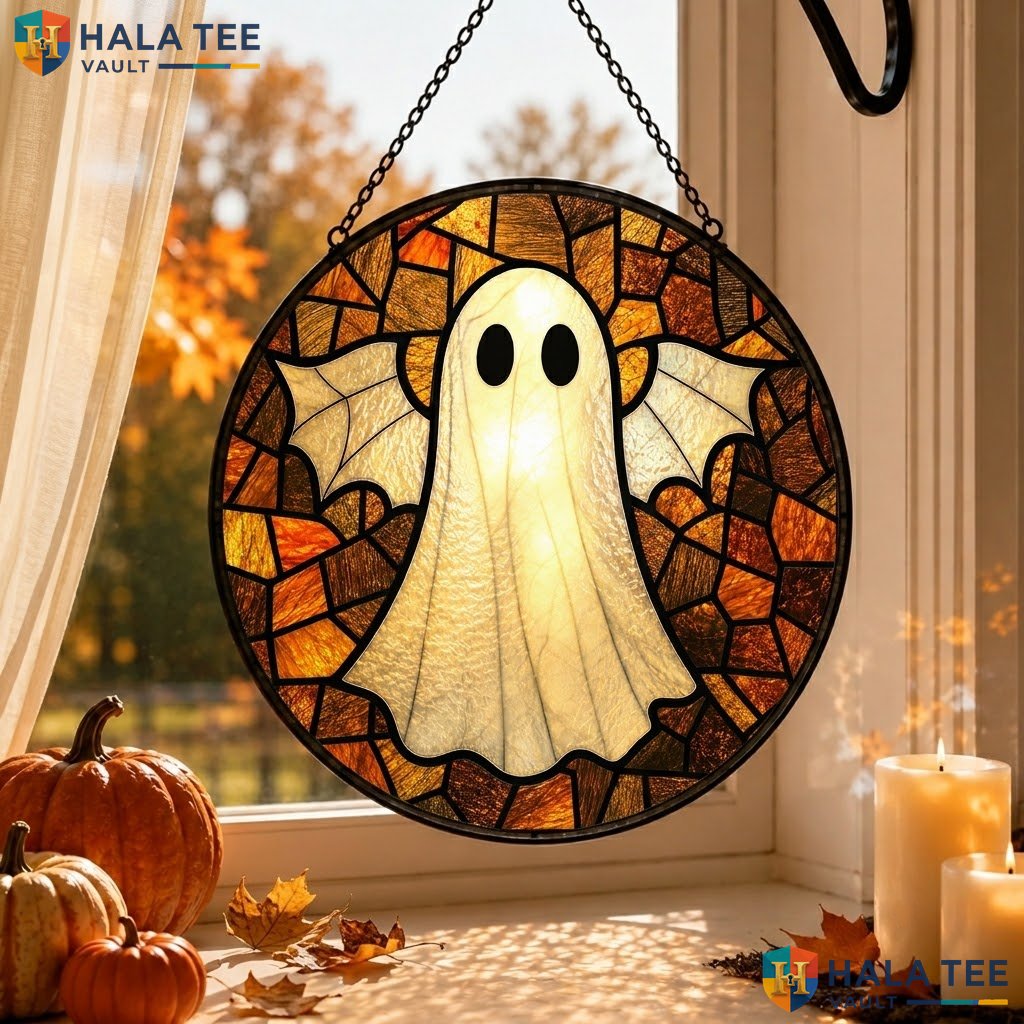 Whimsical Ghost Halloween Stained Glass Suncatcher Spooky Wing Window Hanging