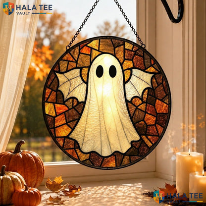 Whimsical Ghost Halloween Stained Glass Suncatcher Spooky Wing Window Hanging