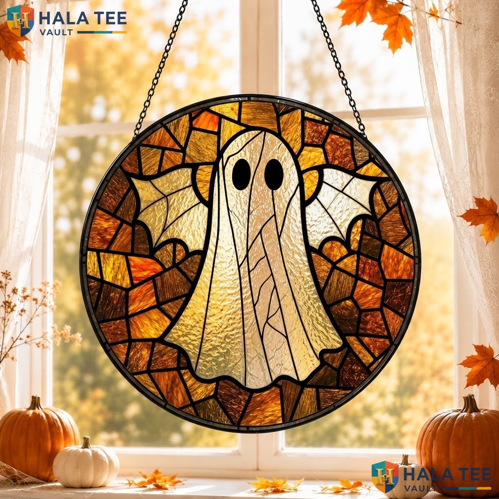 Whimsical Ghost Halloween Stained Glass Suncatcher Spooky Wing Window Hanging Adult