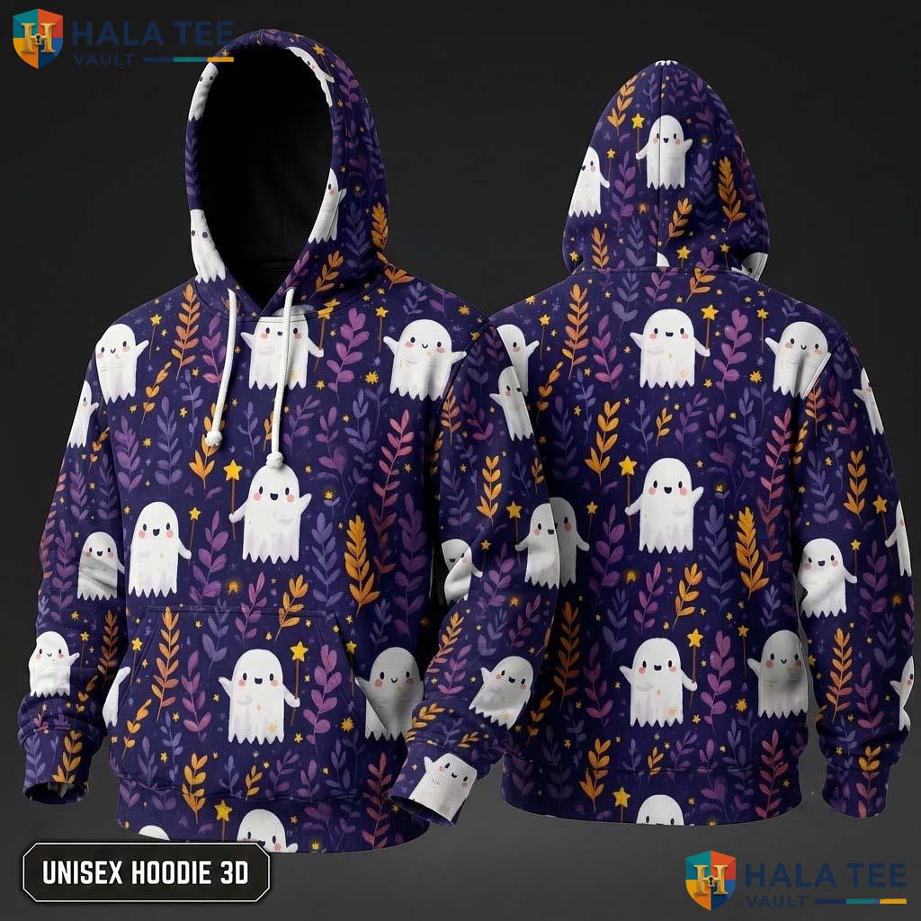 Whimsical Ghost Leaf 3D Hoodie Cute Cartoon Colorful Graphic Halloween
