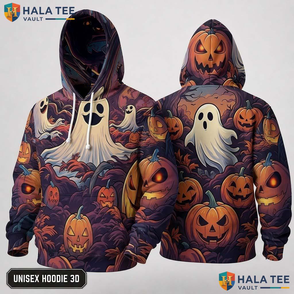 Whimsical Ghost Pumpkin 3D Hoodie Playful Graphic Pullover Sweatshirt
