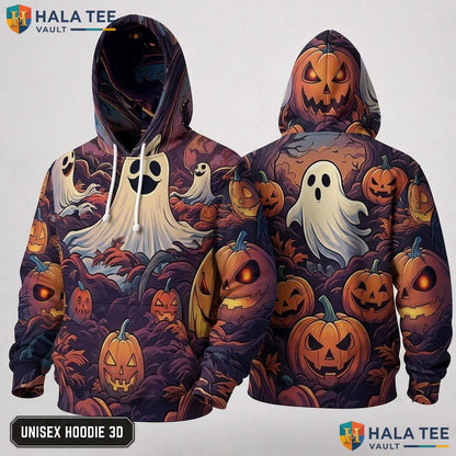 Whimsical Ghost Pumpkin 3D Hoodie Playful Graphic Pullover Sweatshirt