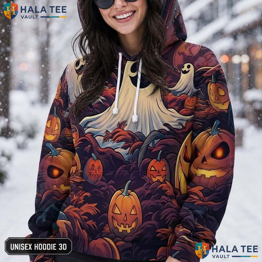 Whimsical Ghost Pumpkin 3D Printed Hoodie Playful Graphic Pullover Sweatshirt
