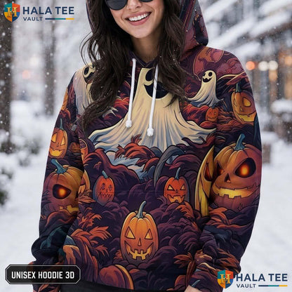 Whimsical Ghost Pumpkin 3D Printed Hoodie Playful Graphic Pullover Sweatshirt