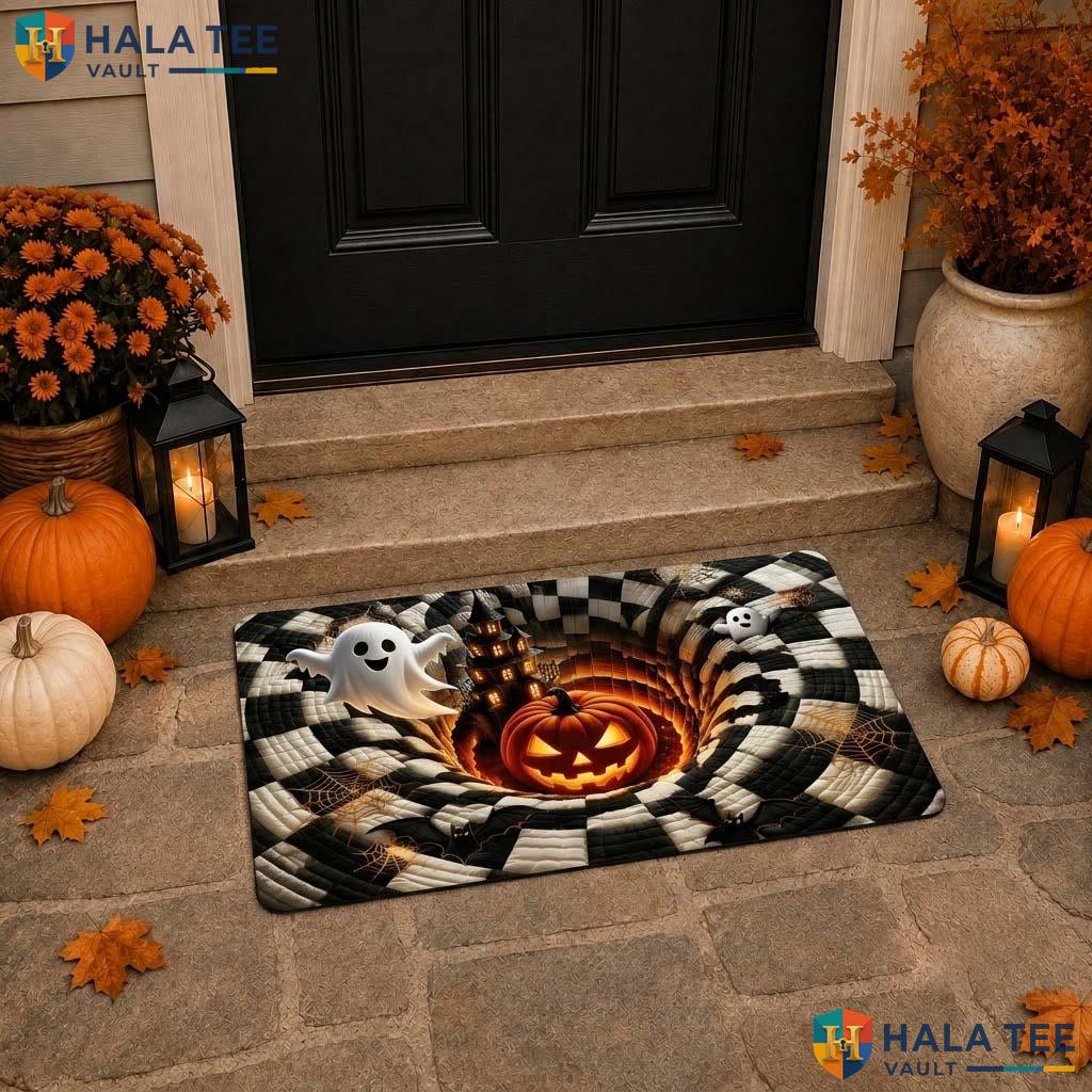 Whimsical Ghost Pumpkin Halloween Doormat 3D Illusion Haunted House Mat