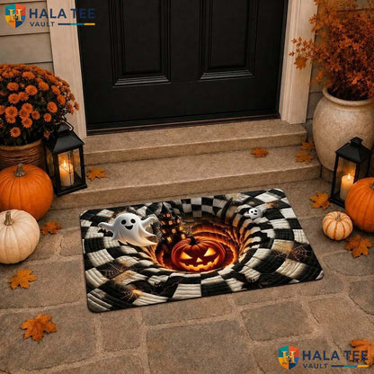 Whimsical Ghost Pumpkin Halloween Doormat 3D Illusion Haunted House Mat