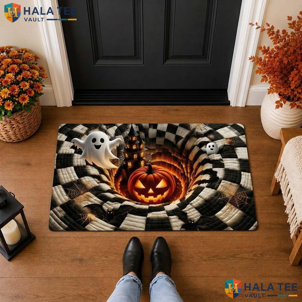 Whimsical Ghost Pumpkin Halloween Front door mat 3D Illusion Haunted House Mat
