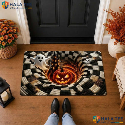 Whimsical Ghost Pumpkin Halloween Front door mat 3D Illusion Haunted House Mat