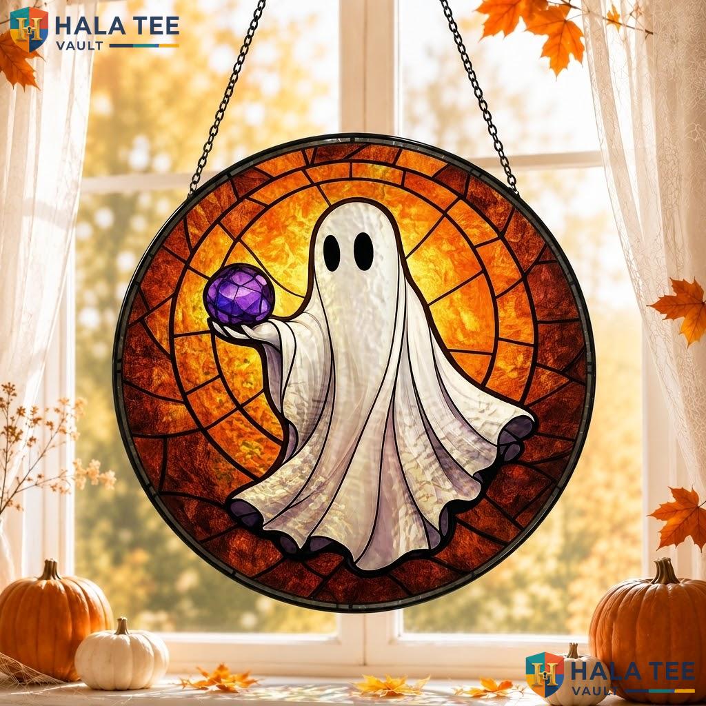 Whimsical Ghost Stained Glass Suncatcher, Autumn Decor For Halloween Celebrations
