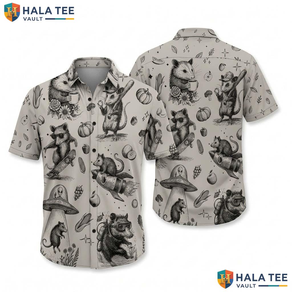 Whimsical Opossum Hawaiian Shirt Funny Vintage Print Short Sleeve Casual Top