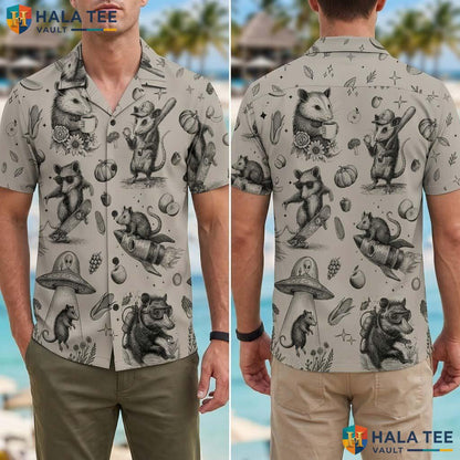 Whimsical Opossum Hawaiian Shirt Funny Vintage Print Short Sleeve Casual Top Adult