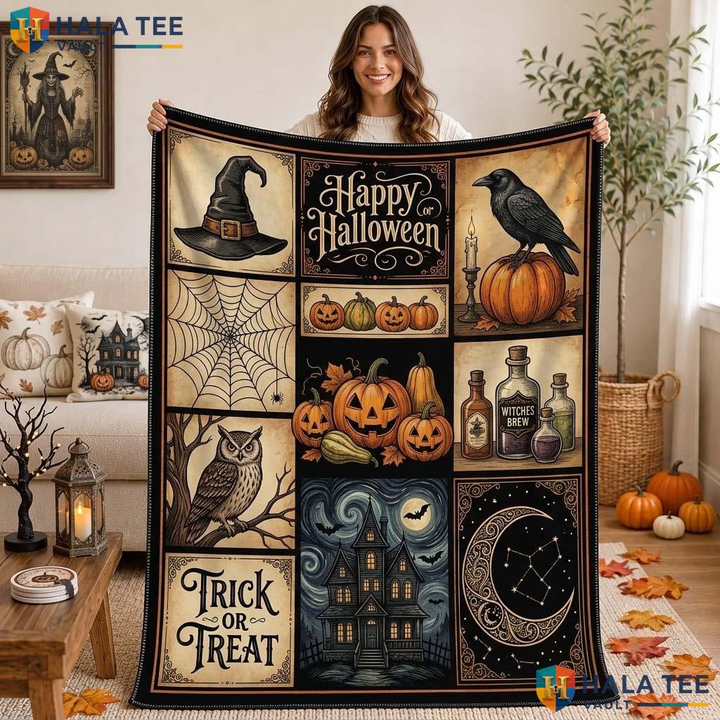 Whimsical Patchwork Halloween Blanket Happy Witch Hat Black Cat Throw