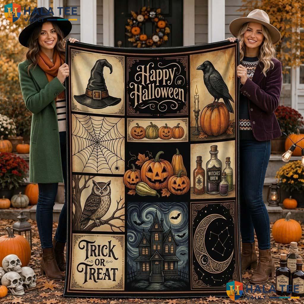 Whimsical Patchwork Halloween Blanket Happy Witch Hat Black Cat Throw
