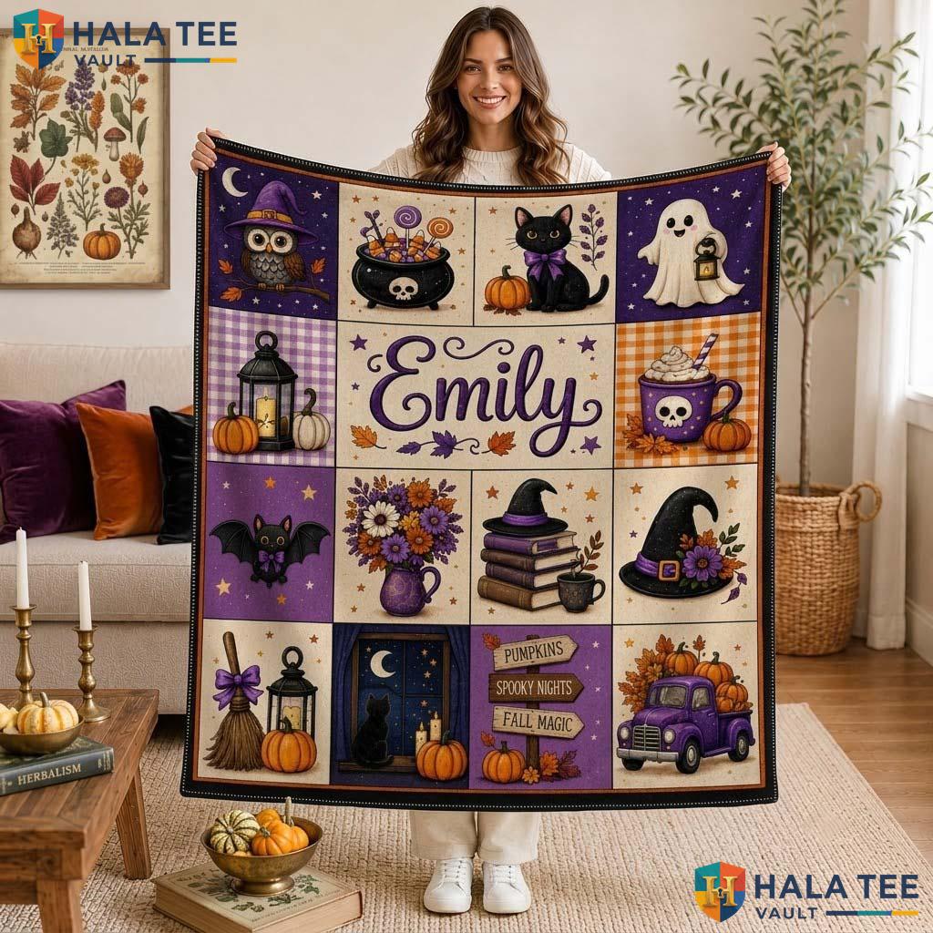 Whimsical Quilt Halloween Blanket Custom Name Spooky Ghost Cat Throw
