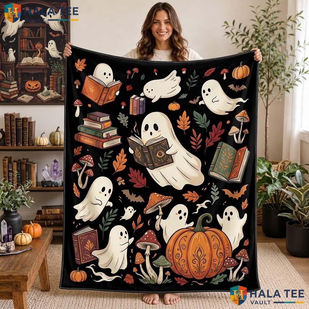 Whimsical Reading Halloween Blanket Cute Cozy Book Lover Ghost Throw