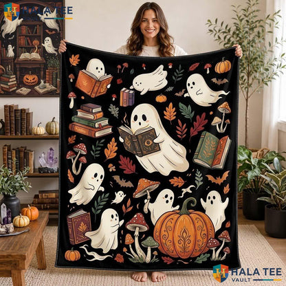 Whimsical Reading Halloween Blanket Cute Cozy Book Lover Ghost Throw