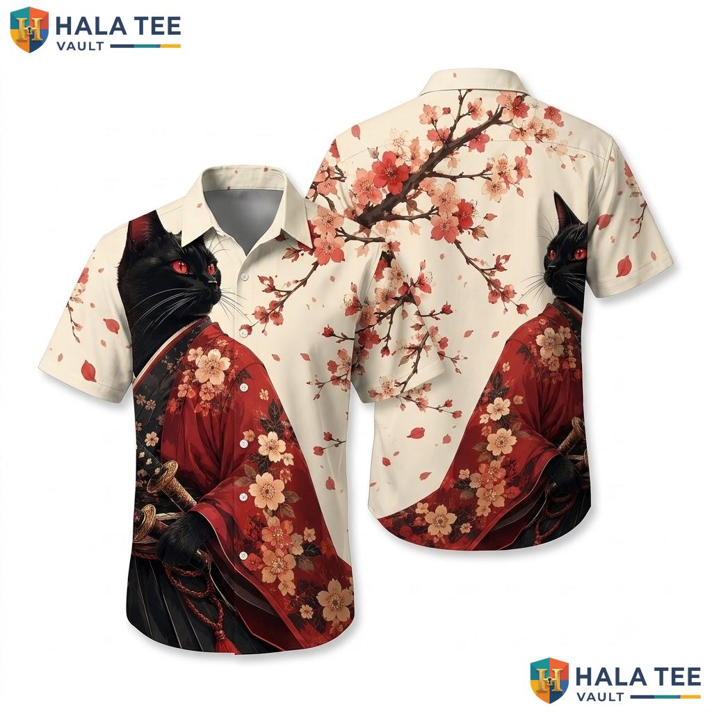Whimsical Samurai Cat Aloha Shirt Tropical Surf Pattern Mens Summer Wear