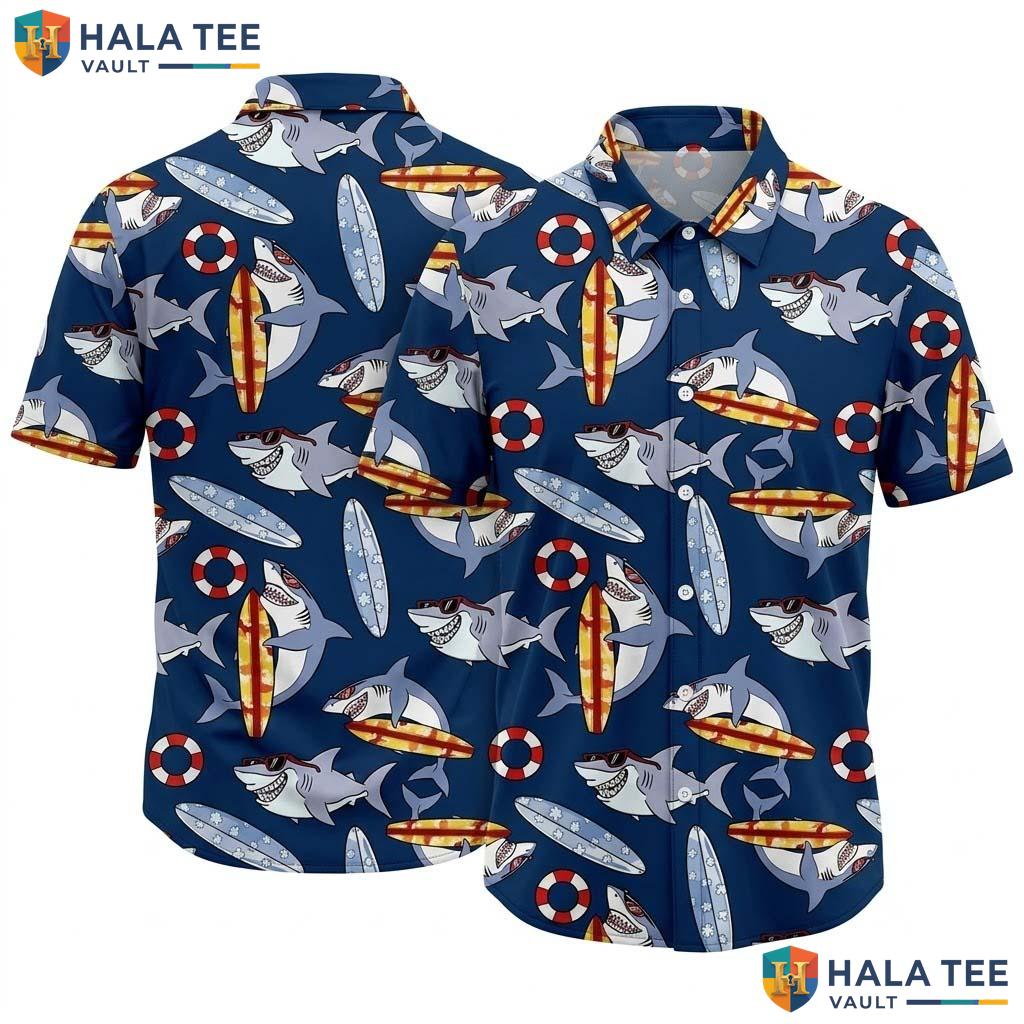 Whimsical Shark Hawaiian Shirt Fun Cartoon Shark Surfboard Boys Button Down