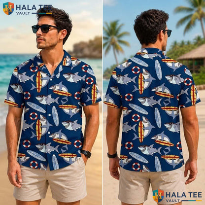 Whimsical Shark Tropical Shirt Fun Cartoon Shark Surfboard Boys Button Down