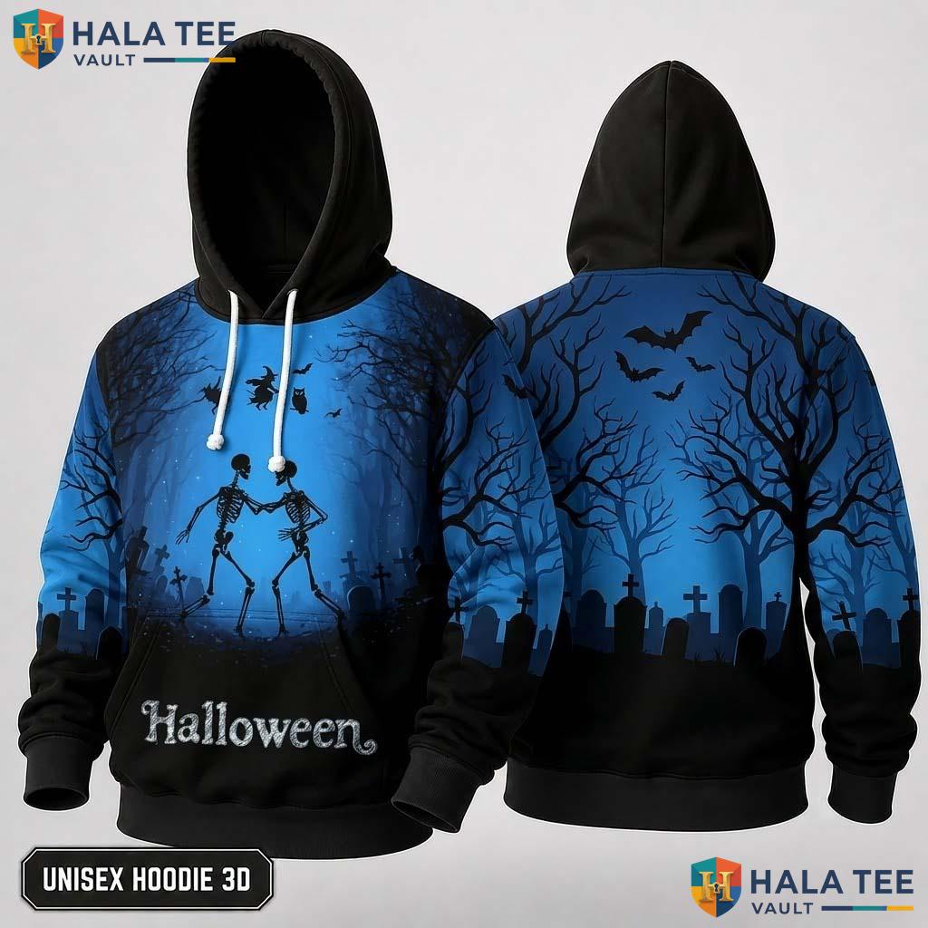 Whimsical Skeleton Dance 3D Hoodie Unisex Spooky Cute Graphic Apparel