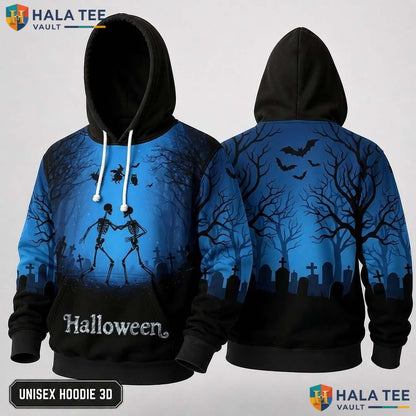 Whimsical Skeleton Dance 3D Hoodie Unisex Spooky Cute Graphic Apparel