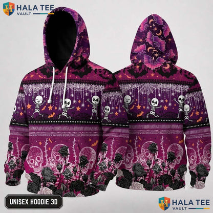 Whimsical Skeleton Floral 3D Hoodie Playful Skull Rose Halloween Event